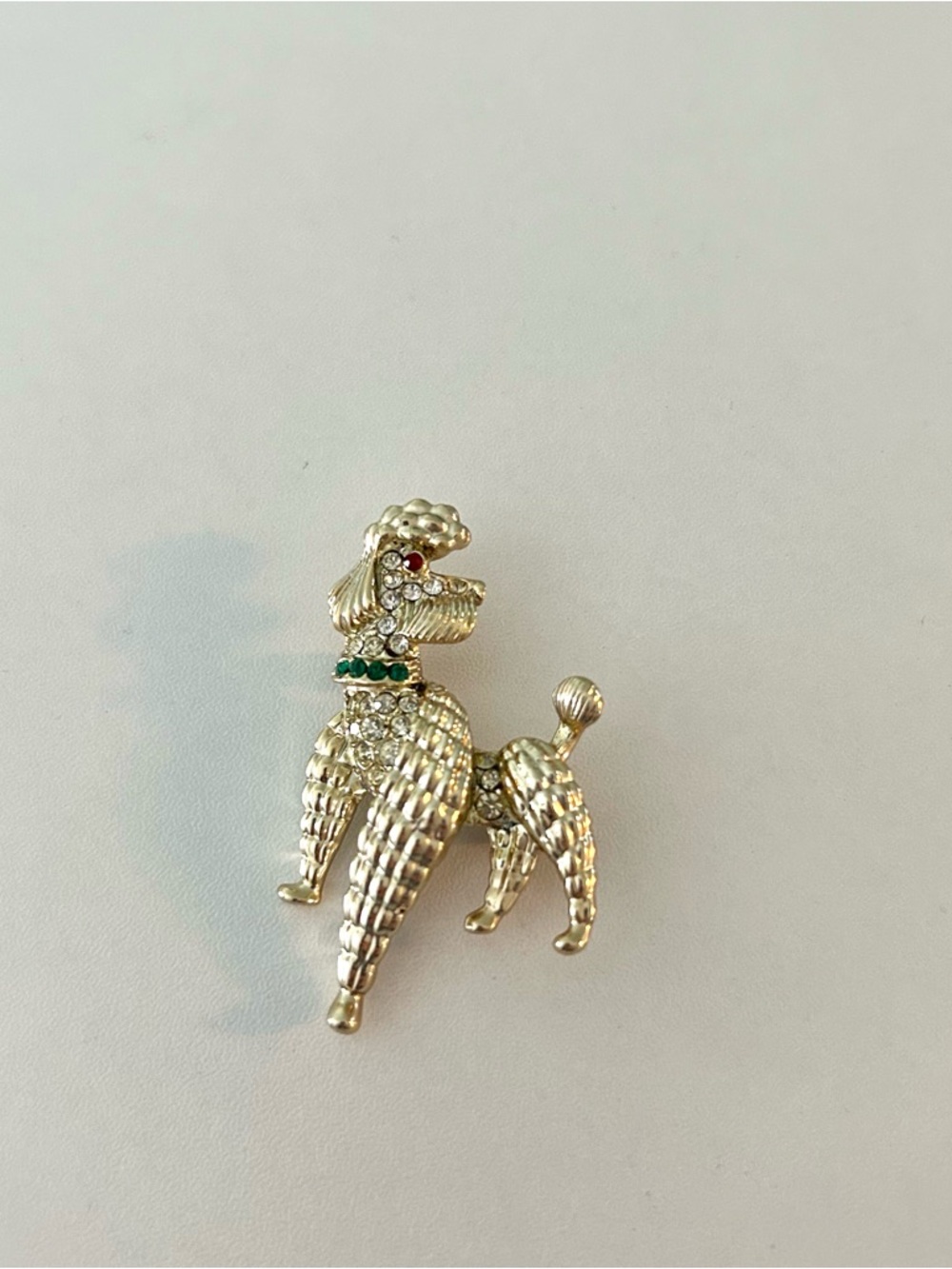 Vintage Textured Poodle Dog Brooch Pin with Green Collar and Red Eye Rhinestone